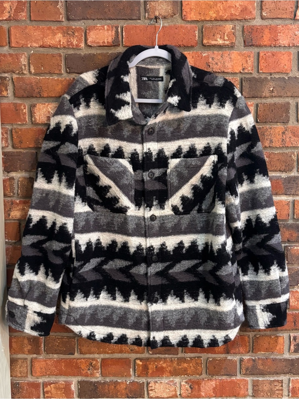 Zara mens geometric aztec faux shearling shirt jacket shacket black/gray L